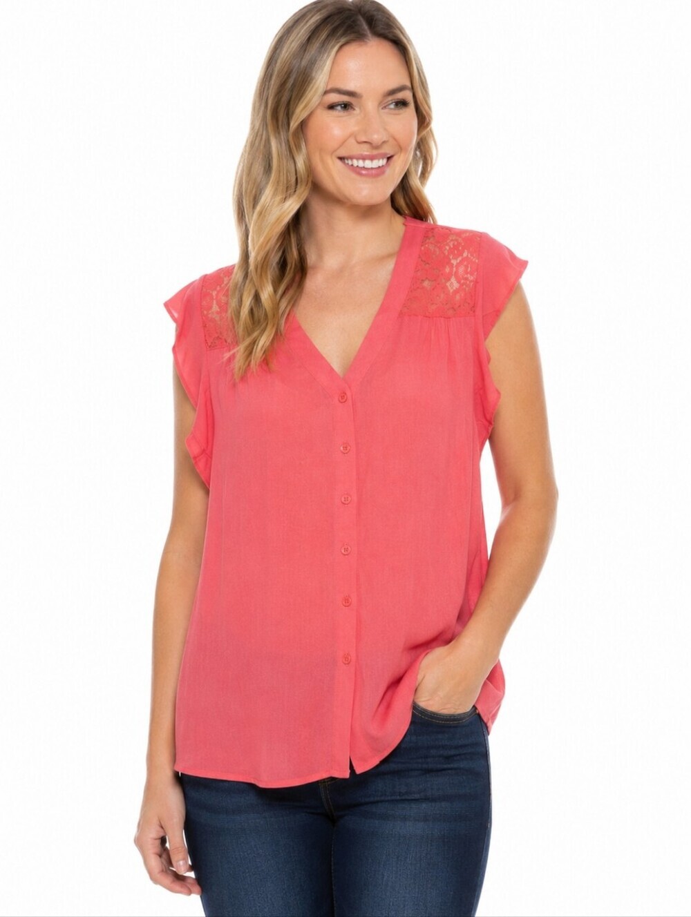 Claire France Salmon Pink Ruffle Sleeve Tunic Blouse Button Down 16